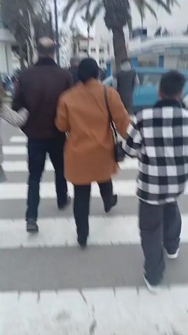 The video shows a family of four crossing a street at a crosswalk. They walk from right to left of the frame. An adult man in a brown jacket is holding hands with a young girl wearing a patterned jacket and white pants on one side, and an adult woman wearing a brown coat and a hijab on the other. A young boy in a black and white plaid jacket walks on the other side of the woman. There are palm trees and buildings along the road. Cars drive along the road. The sky is cloudy.