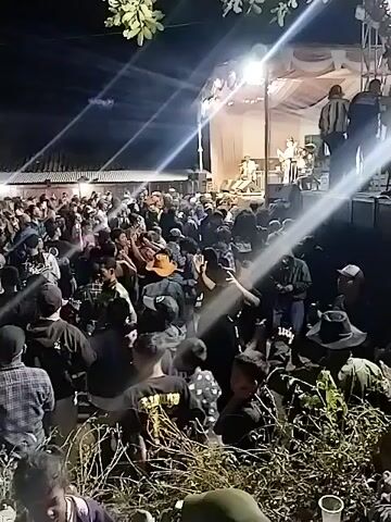 A night time outdoor concert scene is depicted. A large crowd of people, predominantly young adults, are gathered in front of a stage. The stage is illuminated by bright lights and appears to have a band performing. The crowd is densely packed, with many individuals dancing and interacting. The ground in the foreground is covered with vegetation and debris. The overall atmosphere suggests a lively and energetic event.