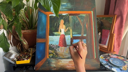 Artist paints riverside figure in red skirt, London