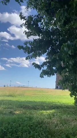 The video shows a grassy hill under a bright blue sky with scattered white clouds. A large tree with dark green leaves dominates the right side of the frame, partially obscuring the view of the hill. On the far side of the hill, there are a few lampposts visible, and a person can be seen walking from left to right. A tall, light-colored structure, possibly a building or monument, is visible in the distance on the right side of the frame. The foreground consists of dry grass and other vegetation. The sun appears to be shining, casting shadows.