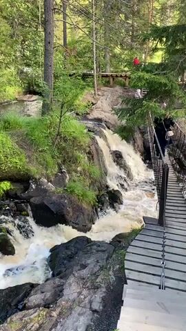 The video shows a cascading waterfall in a lush, green forest. A wooden suspension bridge with black metal railings crosses the churning water. A person in dark clothing is walking across the bridge from right to left. The surrounding environment is rich with trees, rocks, and vegetation, with sunlight filtering through the canopy. In the background, further upstream, a calm body of water is visible, with more trees lining its banks. There are also benches and a wooden platform visible on the higher ground behind the waterfall.