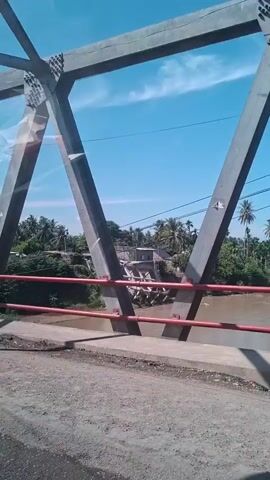 The video shows a view from a bridge looking out over a river. The bridge is made of steel and has a triangular support structure visible in the foreground. A red railing runs along the side of the bridge. The river is brown and appears to be flowing. On the opposite bank of the river, there are trees, palm trees, and some buildings. In the distance, there are mountains. The sky is blue with some white clouds. The video appears to be taken from a moving vehicle, as indicated by the slight blur and changes in perspective.
