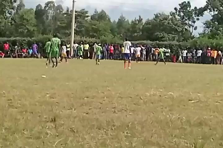 The video shows a soccer game in progress on a grass field. The players are wearing different colored uniforms: green, white, and blue. Spectators are visible along the sidelines. Trees and a utility pole are in the background. The weather appears cloudy.