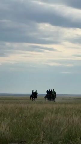 This video captures a group of people on horseback riding through a vast, grassy plain under a cloudy sky. The scene is set in a rural, possibly steppe-like environment, suggested by the wide-open landscape and the tall, dry grass. The time of day appears to be late afternoon or early evening, given the soft, diffused light and the dramatic cloud formations. The sky is a mix of light gray and white clouds, with patches of pale blue sky visible, indicating a changeable weather pattern.

The primary subjects are the riders and their horses, silhouetted against the horizon. They are moving in a loosely formed group, some riding closer together than others. The riders are wearing casual clothing, with some appearing to have bright green tops. The horses are dark in color. A large, dark object, possibly a discarded tire or a large piece of equipment, is visible in the middle ground, serving as a visual anchor within the expansive landscape.

The activity appears to be a leisurely ride or perhaps training. The horses are moving at a trot or canter, kicking up a bit of dust in their wake, suggesting movement and a sense of freedom. There's a feeling of open space and solitude, with the vastness of the landscape and the distant horizon emphasizing the isolation of the group. No visible text is present in the video. The location context of Öndiris, Kazakhstan, aligns with the visual cues of a wide, open grassland environment. The mood is serene and somewhat wild, evoking a connection with nature and the tradition of equestrianism.