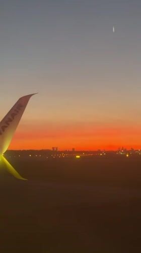 Ryanair aircraft lands at Copenhagen Kastrup during sunset