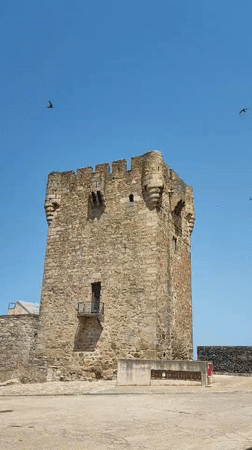 Sobradillo's medieval tower, festival square, and oleander in bloom