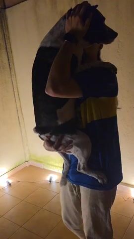A man with long dark hair in a ponytail carries a medium-sized black and white dog on his shoulder. The man is wearing a short-sleeved blue and yellow shirt and khaki pants. He appears to be comforting the dog, holding it close. They are in an enclosed area with a tiled floor and white walls lit by a string of lights along the base. The dog appears calm and rests against the man's shoulder. The man turns to look at the camera and smiles briefly.