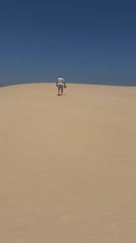 The video shows a person walking away from the camera, ascending a large, undulating sand dune under a clear, bright blue sky. The individual, dressed in a light-colored shirt and shorts, appears to be an adult and is seen steadily walking uphill on the sandy terrain. Their footsteps leave distinct impressions in the soft, light-beige sand behind them.

The scene is dominated by the vast expanse of the sand dune, which curves gently upwards to meet the horizon. The sky is completely cloudless, indicating a sunny day. The overall environment suggests a desert-like landscape or extensive coastal dunes. Given the location context of La Oliva, Spain, it is likely part of the prominent sand dunes found in areas like Corralejo Natural Park on Fuerteventura. The person continues walking until they reach the crest of the dune and disappear from view, leaving a sense of quiet solitude and exploration in the vast, open landscape. No text is visible in the video.