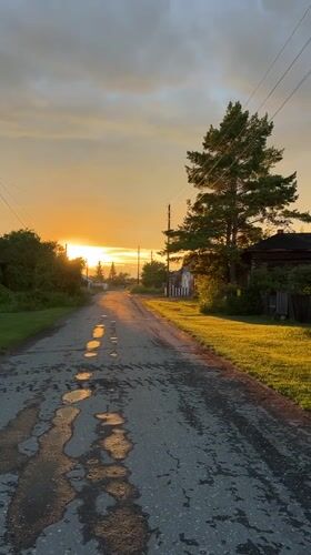 Golden hour along a quiet rural road in Pivkino, Russia