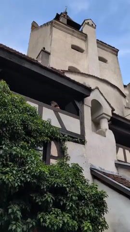 The video pans across the exterior of a large, white stone castle. The castle features multiple levels, balconies with dark wooden railings and decorative beams, and a conical red-tiled roof on one turret. Green ivy climbs up the side of the building in the foreground. Several people are visible on the balconies, looking out and interacting. The sky is visible at the top of the frame, with some clouds.