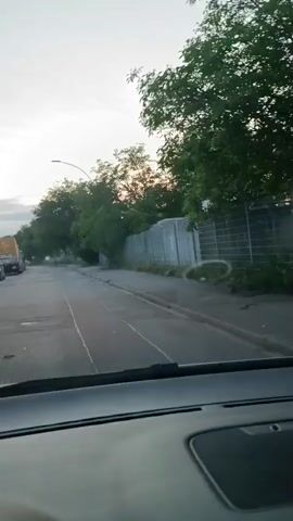 The video, filmed from inside a vehicle through its windshield, captures a street scene in an urban or industrial area, potentially in Lahr/Schwarzwald, Germany. The time of day appears to be either early morning or late evening, characterized by a soft, diffused light and a warm glow on the horizon against a clear sky.

The vehicle from which the video is taken is either stationary or moving very slowly forward. The car's dashboard and a portion of the windshield are visible in the foreground. The paved road ahead features a dashed white line in its center.

On the left side of the road, several vehicles are parked. A prominent feature is a large flatbed truck carrying what appears to be an oversized, yellow, possibly wrapped, cargo. A dark-colored car is parked behind the truck. A single street light pole with a curved arm is also visible on this side of the road.

Both sides of the road are bordered by trees, which are dense and green. On the right, a tall, grey fence or wall, possibly made of concrete or metal, runs parallel to the road. A very small, indistinct figure can be faintly observed further down the road on the right side. No specific activities or events are actively taking place, and there is no visible text in the frame. The overall impression is one of calm at dawn or dusk.
