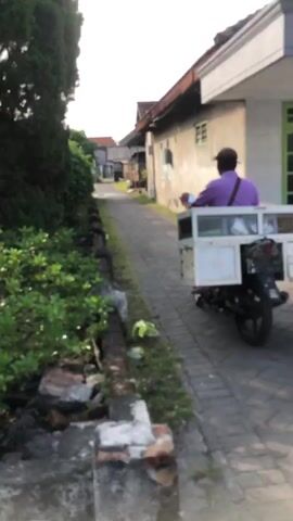 A person wearing a purple shirt rides a motorcycle down a paved alleyway. The motorcycle is equipped with a large, white, rectangular container mounted on the back. The container appears to have shelves and compartments, suggesting it is used for carrying goods.

The alleyway is lined with houses and lush greenery. On the left side, there are dense bushes and trees, and a glimpse of a white object, possibly trash, is visible near the ground. On the right side, a building with a grey facade and a dark-colored railing is prominent. The alleyway is paved with grey interlocking bricks.

The scene suggests it is daytime, likely morning or afternoon, with bright natural light. The weather appears to be clear. The location context indicates Ketegan, Indonesia.

The person on the motorcycle is the sole subject. The container on the motorcycle is the main object. The activity is transportation, likely a vendor or someone delivering items. There is no visible text in the media file. The overall mood is neutral, focusing on the everyday activity of transportation in a residential setting.