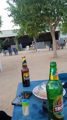 The video presents a view from a table in an outdoor setting. On the table, there's a partially consumed bottle of green beer, another of brown beer, a smartphone, a small container of toothpicks, a plate covered with a metal lid, a cigarette lighter, a bottle of dish soap, and two bowls of colored water. In the background, there are trees, a building with a corrugated metal roof, and other tables and chairs. Some people are sitting at those tables. The ground is covered with sand. The camera pans slightly to reveal more of the scene.