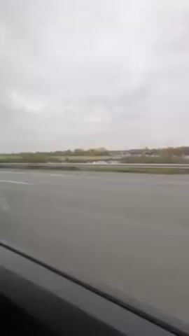 A view from inside a vehicle moving on a highway. The road is grey with white lane markings.  Beyond the road is a narrow strip of green landscape with a row of trees under a cloudy sky. The interior of the vehicle is visible, with the black frame of the car door in the foreground. The camera is static, capturing the motion from the passenger seat.