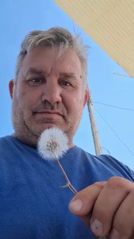 A man is holding a dandelion puff ball up to his nose and exhaling, causing the seeds to disperse. The man has graying hair and is wearing a blue shirt. The background is a clear blue sky with a hint of a light-colored awning.