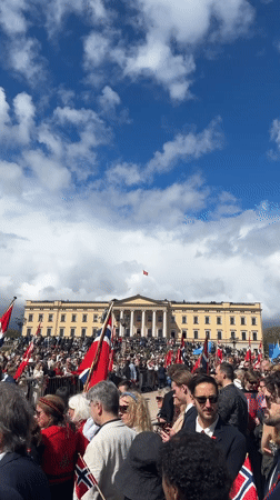 Crowds celebrate with flags at Oslo Royal Palace