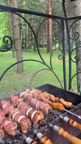 The video shows a close-up view of shish kebabs cooking on a grill in an outdoor setting. The kebabs are skewered with chunks of meat and what appear to be onion rings. They are arranged on a metal grill over hot coals, with smoke rising from the cooking meat. To the left, a wire rack holds pieces of chicken or another type of poultry, also grilling. The background features a green, grassy area with trees, suggesting a park or a wooded backyard. The grill itself is situated within a metal gazebo or arbor with decorative scrollwork. The overall impression is a preparation of food for an outdoor gathering. There are no people visible in the video, but the presence of the cooking food and the grill implies human activity.