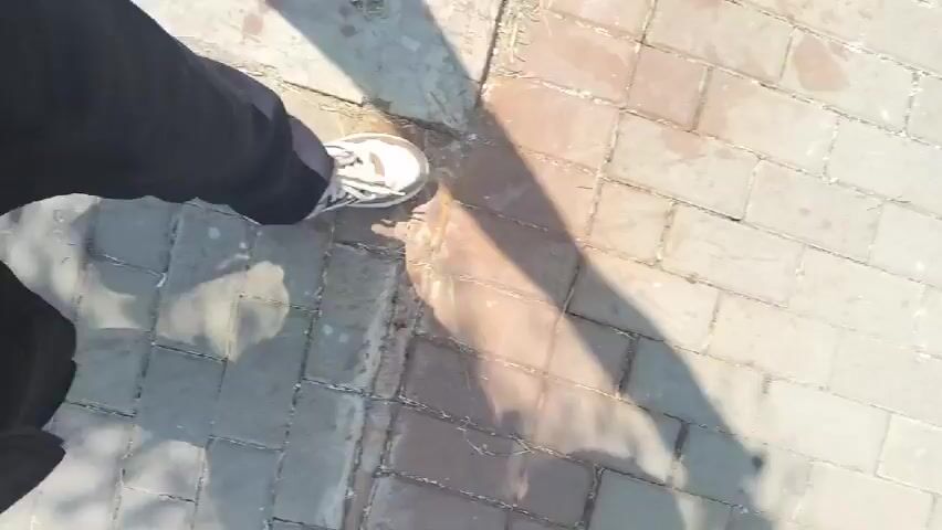 The video shows a first-person perspective of someone walking on a paved outdoor area. The paving stones are reddish-brown and appear wet in some areas. The person is wearing dark pants and white sneakers. As the video progresses, the person walks towards a set of stairs and ascends them. Other people can be seen on the stairs, some carrying bags. The environment appears to be a public space, possibly near a building with large windows.
