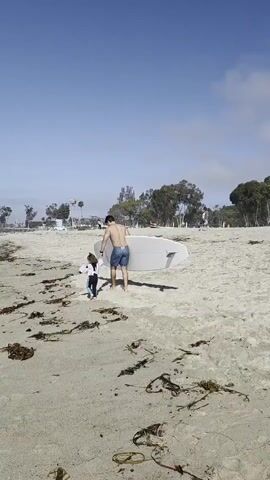 A man and a child walk across a sandy beach towards the ocean under a clear blue sky. The man, shirtless and wearing denim shorts, carries a white surfboard. The child, wearing a white and blue outfit, walks beside him. The beach is covered in sand and scattered with seaweed. In the background, trees and some distant structures are visible. The ocean waves are small.