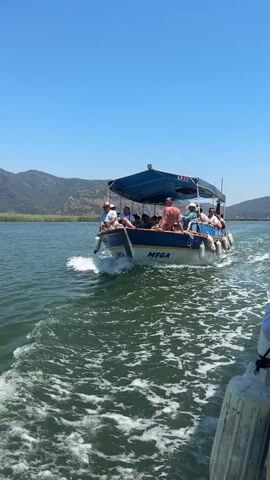 A boat named "MEGA" with a blue canopy is sailing on a river. Several people are seated under the canopy, enjoying the ride. The boat is moving forward, creating a foamy wake behind it. The river is calm, with lush green vegetation lining the banks in the distance. Rolling hills or mountains form the backdrop, bathed in bright sunlight under a clear blue sky. The scene suggests a pleasant, sunny day, likely in the afternoon given the strong illumination. The overall atmosphere appears relaxed and leisurely, indicative of a tourist excursion or a peaceful boat trip. The text "MEGA" is clearly visible on the side of the boat. The number "132" is also visible on the top of the canopy. The presence of mountains and the lush riverside vegetation suggest a natural, scenic location, consistent with the provided Ortaca, Turkey context.