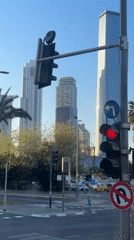 Tel Aviv intersection captured with traffic signals, urban backdrop