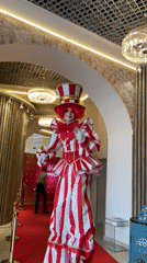Moscow indoor entertainment event features clowns, mimes, performances
