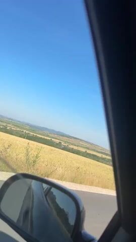 The video, captured from inside a vehicle, shows a view through the passenger window and the side-view mirror. The sky is a clear, bright blue with faint white lines. Below the sky, a vast, golden field stretches towards a distant, hazy horizon marked by rolling hills. The field appears to be composed of ripe grain, possibly wheat or barley. To the right of the field, there are scattered green trees and vegetation. The side-view mirror reflects the passing scenery, including a portion of the road and the golden field. The road itself is visible in the lower right portion of the frame, and appears to be paved. The overall impression is of a bright, sunny day in a rural, agricultural landscape.