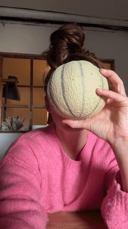 Woman holds cantaloupe at table in Wattrelos, France