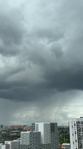 Storm clouds and rain observed over Lyubertsy cityscape