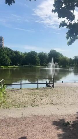 The video presents a scenic view of a pond with a fountain in the middle, surrounded by lush green trees. A small sandy area and a wooden fence run along the edge of the pond, with benches behind the fence. The camera pans slightly to the right, showing a sunlit pathway. The sky is blue with sparse clouds, and the scene is bathed in daylight. Leaves from an overhanging tree provide shade in the foreground.