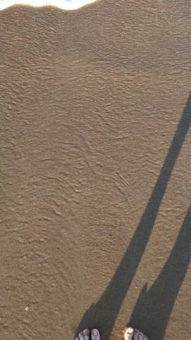 Here's a description of the video:

The video shows a downward angle shot of sand at a beach being touched by a wave. The wave washes over the sand, bubbles, and a pair of feet with long shadows stretching up the frame. The sand appears to be a light brown or tan color. The feet are at the bottom of the frame. The waves are foamy and white as they lap at the sand.