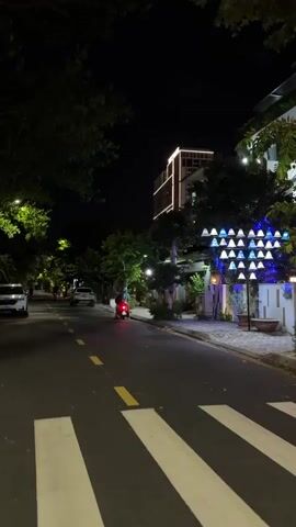 This vertical video captures a nighttime street scene in Đà Nẵng, Vietnam. The asphalt road is marked with yellow dashed lines and white pedestrian crossing stripes in the foreground. On the left side of the road, a white SUV is parked under the glow of a streetlamp, with lush green trees lining the sidewalk. Further down the street, another car is parked.

In the center of the frame, two individuals are on a scooter. The scooter's headlight illuminates the road ahead, and its taillight casts a red glow. The scooter appears to be stationary or moving slowly. Behind them, a modern, multi-story building with illuminated windows and decorative exterior lighting stands out against the dark night sky.

To the right of the street, a decorative lamppost adorned with multiple blue and white conical shades is visible, adding to the ambiance. The sidewalk is paved and bordered by greenery. The overall impression is a peaceful, urban night with hints of modern development nestled amongst natural foliage. The time of day is clearly night, and the weather appears calm and clear. There are no visible emotions or specific events occurring beyond the presence of people on a scooter on a quiet street.
