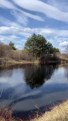 The video shows a peaceful scene of a small, still lake reflecting the sky and trees. The sky is bright blue with scattered white clouds. The trees surrounding the lake are a mix of evergreens and bare deciduous trees. The banks of the lake are covered in dry, brown grass. There is no visible activity, the focus is on the serene landscape.