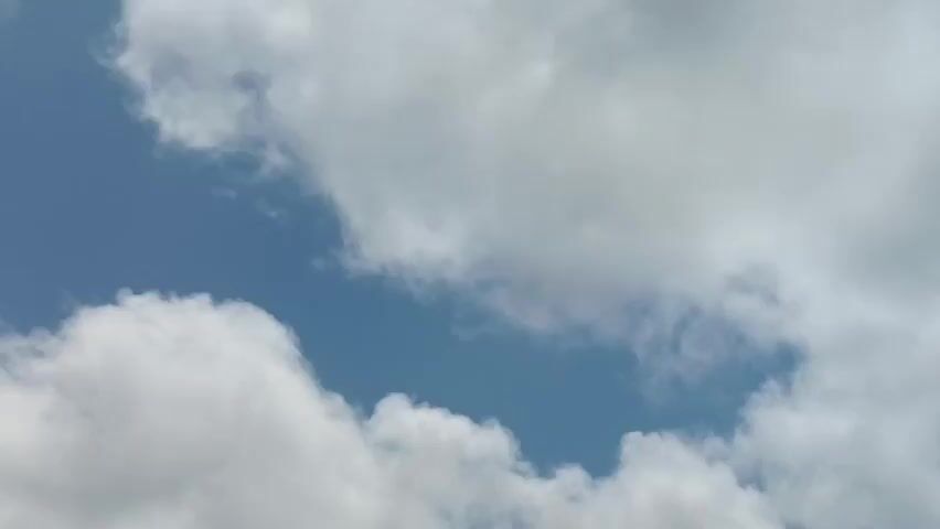 A video captures a panoramic view of a rural landscape under a partly cloudy sky. The camera pans across lush green fields, rows of crops stretching into the distance, and scattered trees dotting the horizon. The sky is a mixture of blue sky and fluffy white clouds, suggesting a pleasant day. The overall impression is one of tranquility and natural beauty.