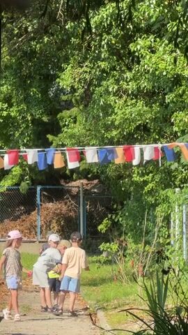 This media file captures a sunny outdoor scene in Shepsi, Russia, likely during the daytime given the bright lighting and shadows. The setting appears to be a park or playground area, characterized by lush green trees providing ample shade. A decorative string of colorful flags – red, white, and blue – is strung across the frame, adding a festive atmosphere.

The main subjects are a group of four children, casually dressed in summer attire like t-shirts, shorts, and hats. One young girl in a leopard-print top and shorts is walking towards the viewer. The other children are gathered further down a dirt path, engaged in an activity. One child is bent over, seemingly examining something on the ground, while another stands with their arm raised, as if pointing or gesturing. A third child is crouched down near the path.

Behind the children, a chain-link fence encloses an area with a large pile of dried leaves and branches, suggesting recent yard work or cleanup. The overall mood seems relaxed and playful, indicative of a summer day spent outdoors. No visible text is present in the image.