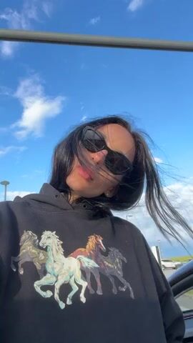 A young woman with dark, shoulder-length hair and black sunglasses is featured in this selfie video, filmed outdoors during the daytime in Jastrebarsko, Croatia. She is wearing a black hooded sweatshirt with a prominent graphic of four horses in various colors (brown, white, chestnut, and black) across the chest. Her hair is noticeably wind-blown throughout the video.

The setting changes slightly as she moves. Initially, blue sky with some clouds and distant buildings are visible in the background. Later, the scene transitions to an area with green grass, paved ground, and white signs displaying the "TESLA" logo, suggesting she is at a Tesla Supercharger station. She appears calm and casual as she records herself walking and posing slightly.
