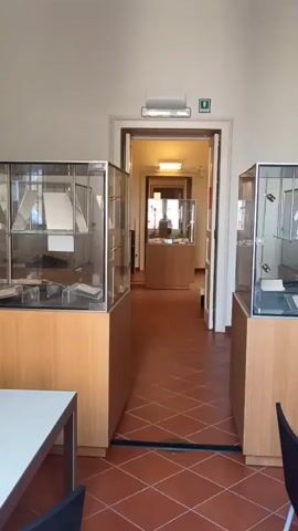 The video pans across a room containing display cases and a doorway leading to another hallway. The room has tiled floors and white walls. In the foreground, on the left, is a table with a white surface. To the right of that, also in the foreground, is a chair. Two glass display cases with wooden bases are positioned on either side of the hallway. The display cases contain various items, though they are not clearly discernible. The hallway visible through the doorway also has display cases. The ceiling in the first room is adorned with intricate decorative paintings featuring geometric patterns and stylized bird motifs. An illuminated exit sign is visible above the doorway.