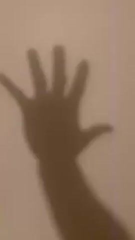 The video shows the shadow of a hand on a light-colored wall. The hand's shadow starts with all five fingers extended, then retracts fingers one by one until only the index finger is extended.