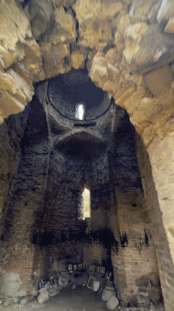 Spring documentation of damaged church and landscape in Manavi