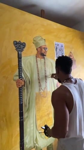 Large traditional portrait painting in progress at Ado studio