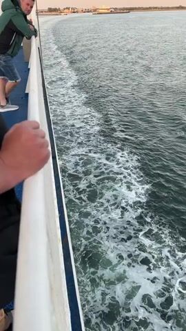 The video shows a man on a ferry, looking out at the water. He is wearing a green jacket and blue shorts. The ferry is moving, and there is a wake behind it. In the distance, there is land with buildings. The sun appears to be setting, casting a warm light. Another person's arm is visible in the foreground, gripping a white railing.