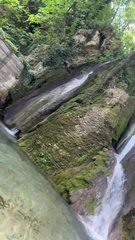 A video shows a waterfall in a forest. The waterfall flows down a rocky cliff covered in moss and vegetation. A person is visible at the top of the waterfall, standing on the edge. The water flows into a clear pool at the bottom. The trees are lush and green, indicating a warm season. The lighting suggests it is daytime.