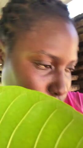 A close-up video shows a person with dark skin looking into the camera, partially obscured by a large, bright green leaf. The person has short, braided hair and a shiny face. Behind them is a stack of wooden planks under a possible roof or shelter structure. The person's eyes move slightly, and their mouth is slightly open. They blink at times. A conversation is heard, with the speaker saying "C'est bon?" and another voice responding with "Hmmm?".