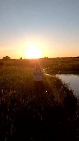 This video shows a person fishing in a calm stream at sunset in Vozdvizhenka, Russia. The sun is low in the sky, casting a warm, golden glow over the landscape. Tall grasses line the banks of the stream, and a person is standing in the middle of the tall grass holding a fishing rod. The water reflects the sky and the surrounding vegetation, creating a serene and peaceful atmosphere. The sky is a clear blue with a hint of orange from the setting sun. The overall mood of the video is tranquil and idyllic, evoking a sense of nature and outdoor recreation.