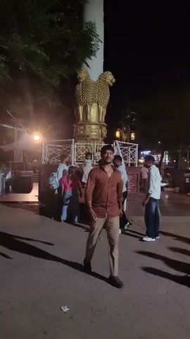 The video shows a flagpole with a golden lion emblem at its base. People are walking around the base of the flagpole at night, illuminated by lights and with trees visible in the background. The camera pans up the flagpole to show the flag at the top.
