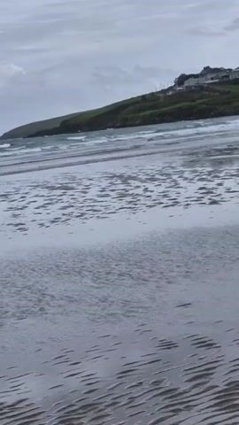The video shows a view of a beach on a cloudy day. The foreground is a sandy beach with ripples from the receding tide. In the middle ground, there is the ocean with small waves. In the background, there is a green hill with several houses and buildings on top, as well as some utility poles. The sky is overcast with grey clouds. The camera appears to be stationary.