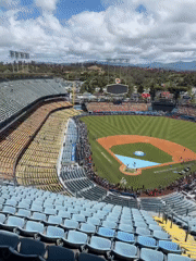 Baseball game in progress at Dodger Stadium with crowds