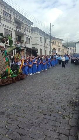 The video shows a parade taking place on a cobblestone street lined with buildings. A group of young girls dressed in blue robes and white sneakers are walking in a line, each holding a wooden bowl. They are wearing headbands adorned with colorful decorations. Some of the girls are looking straight ahead, while others are looking to the side. They are walking behind a large decorative display featuring a tall yellow bamboo pole and what appears to be a plant or tree stump wrapped in brown fabric. Other people are walking behind the girls, some wearing light blue shirts and carrying white balloons. Buildings are visible on either side of the street, with shops and apartments. The weather appears to be overcast. A sign that reads "A CRISTO REY" is visible on one of the buildings.