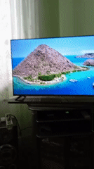 TV displays tropical beach footage in Uzbekistan living room