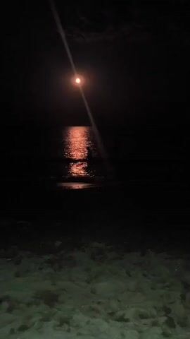 This is a video of a dark, nighttime scene at a beach. The main subject is the moon, which is bright and casts a strong reflection on the dark water. A person is visible in the shallow water, silhouetted against the moonlight. The foreground shows the sandy beach, with some areas appearing lighter than others, possibly due to the moonlight. The overall mood is serene and peaceful, with a sense of quiet contemplation. The video is shot from a low angle, close to the sand, looking out towards the sea. The time of day is clearly night, illuminated by the moon. No text is visible in the video. The location context provided is Fontanka, Ukraine, which suggests a coastal setting by the Black Sea.